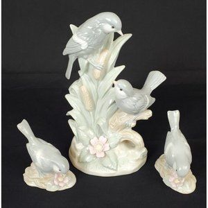 Lot of 3 Porcelain George Good Blue Jay Birds on Cattail Log Pink Flowers